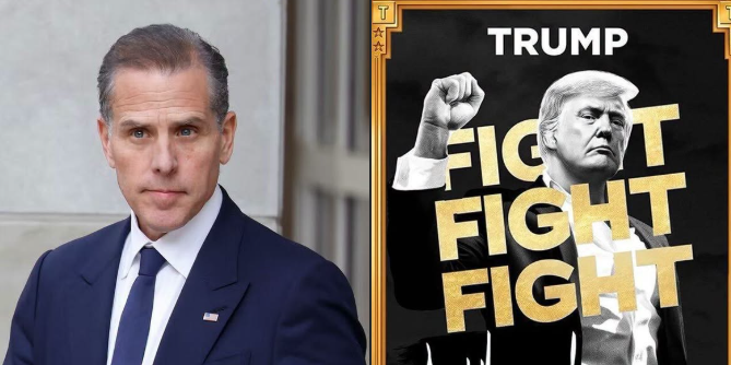 A split image showing Hunter Biden in a suit on the left and a campaign poster for Donald Trump with 'TRUMP FIGHT FIGHT FIGHT' on the right.