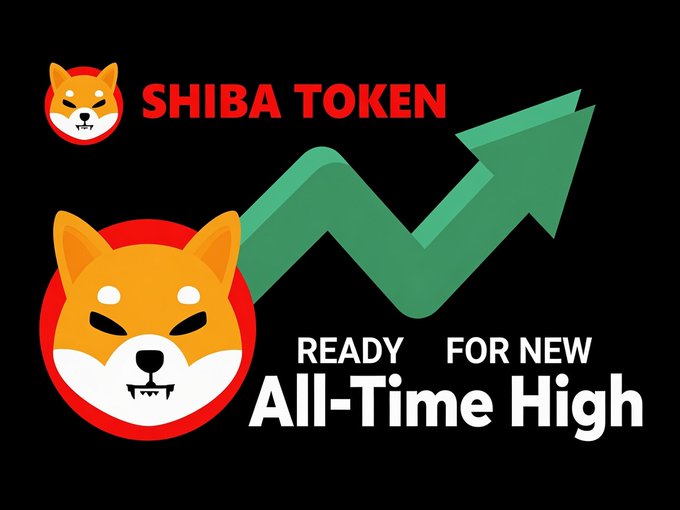 A Shiba Inu logo graphic displays the text "SHIBA TOKEN" alongside a large green upward-trending arrow, with the caption "READY FOR NEW All-Time High" at the bottom, visually reinforcing the post's bullish prediction that $SHIB will reach new all-time highs.