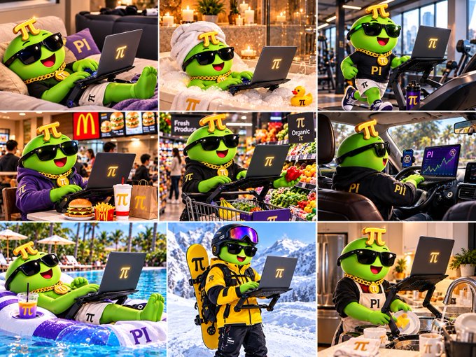 A collage of nine images shows a green mascot wearing sunglasses and a gold chain using a laptop with the Pi symbol in various scenarios—relaxing on a couch, at McDonald's, shopping, driving, at a pool, skiing, cooking, and more.
