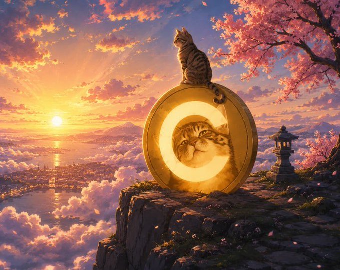 A digital fantasy illustration depicts a tabby cat perched atop a golden coin with another cat inside it, set against a stunning sunset sky with cherry blossoms and clouds.