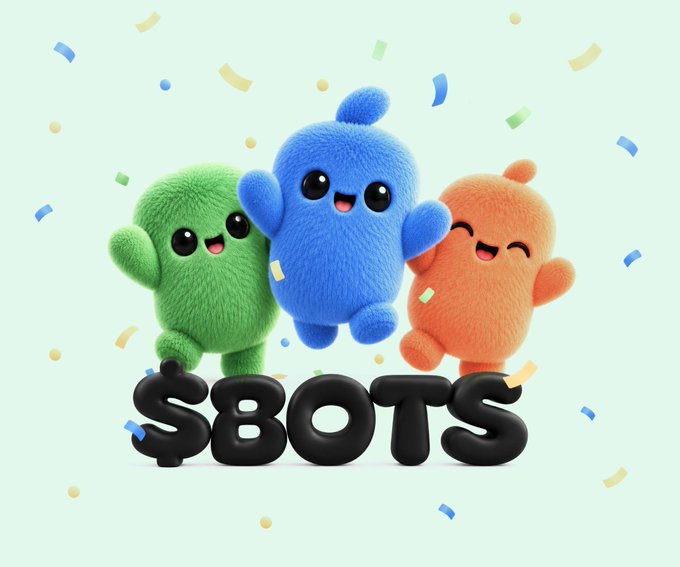A promotional image featuring three fluffy cartoon mascots (green, blue, and orange) jumping above a $BOTS logo with confetti on a light green background.