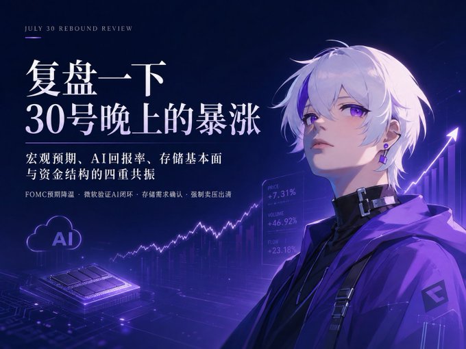 An anime-style character with white hair stands beside charts and chip imagery, with Chinese text reading "复盘一下30号晚上的暴涨" (Reviewing the surge on the 30th night) and noting FOMC expectations, Microsoft's AI closures, storage demand, and figures like +7.31%, +46.92%, and +23.18%. The image ties into the post's theme of U.S. stock trading excitement, visually representing the AI-driven market surge that fuels rToken's impressive liquidity.