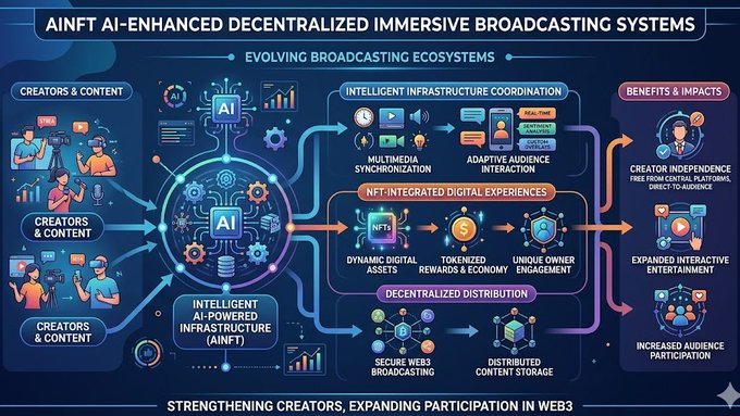 The image is a flowchart diagram with various images of people, equipment, and different activities depicted within the chart. The focus of this diagram appears to be on the development and evolution of AI-enhanced broadcasting systems. The diagram illustrates several components such as creators, media distribution platforms, immersive experiences, intelligent infrastructure coordination, diverse audiences, and content creation.