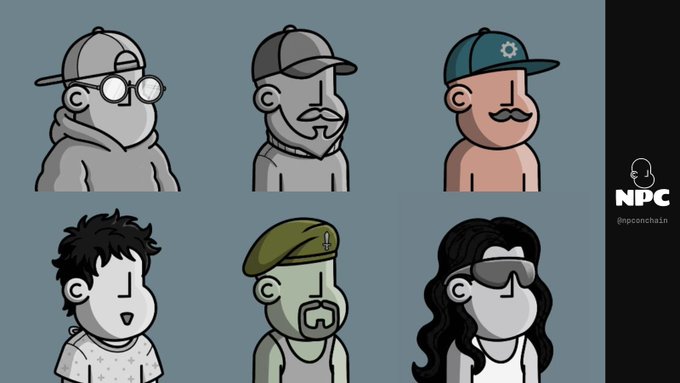 An illustration of six cartoonish NPC characters with various hats and accessories, branded with the 'NPC' logo and '@npcnchain' in the corner.