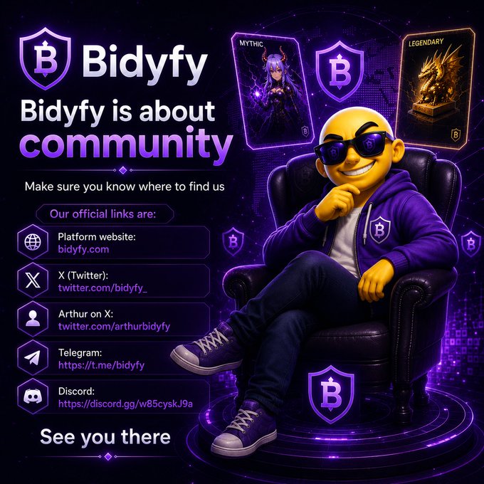 A promotional graphic for 'Bidyfy' crypto project featuring a yellow emoji character in sunglasses and purple hoodie, listing official links for the website, X/Twitter, Telegram, and Discord.
