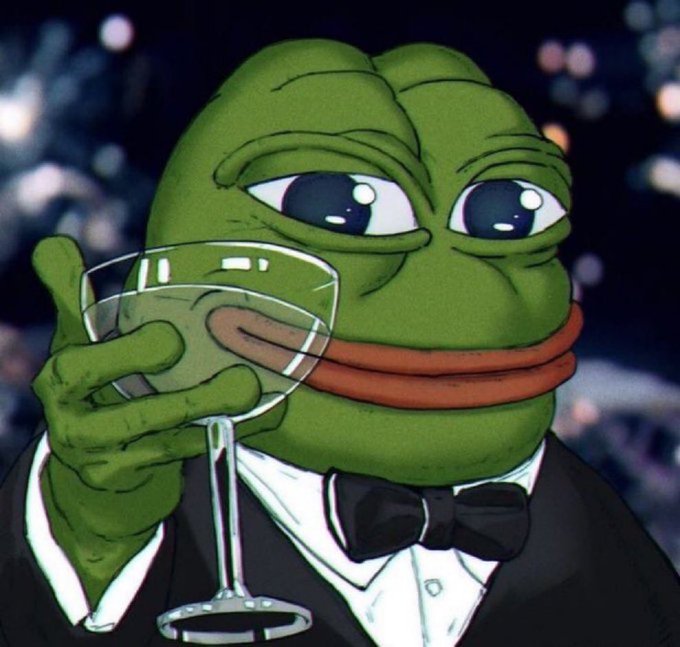 An illustration of the Pepe the Frog character in a tuxedo and bow tie, holding up a glass of red wine.