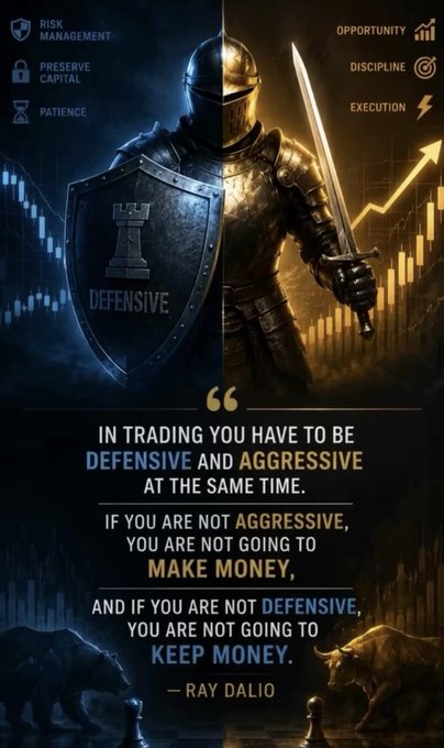 An inspirational graphic featuring a knight split between defensive (left) and aggressive (right) halves, displaying a quote about trading attributed to Ray Dalio: 'In trading you have to be defensive and aggressive at the same time.'