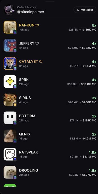 A dark-themed 'Callout history' screen for @bitcoinpalmer showing various crypto influencer profiles (RAI-KUN, JEFFERY, CATALYST, SPRK, SIRIUS, BOTFIRM, QENIS, RATSpeak, DROOLING) with their multipliers ranging from 1.6x to 5x and market cap changes.