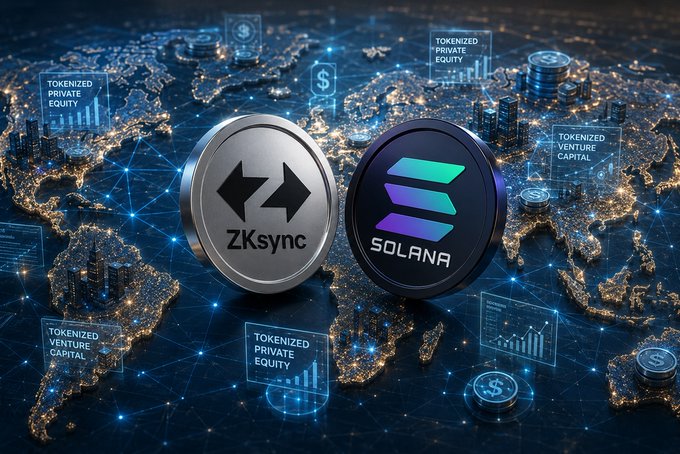 A digital promotional image showing two cryptocurrency tokens labeled 'ZKSync' (silver) and 'SOLANA' (purple/teal) floating above a glowing world map surrounded by 'TOKENIZED PRIVATE EQUITY' and 'TOKENIZED VENTURE CAPITAL' labels.