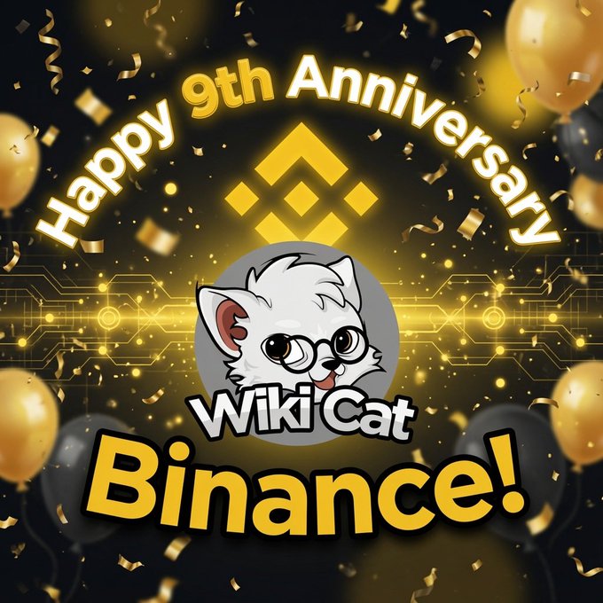 This image celebrates Binance's 9th Anniversary with the Wiki Cat logo and is a graphic representation of the accompanying post about the event.