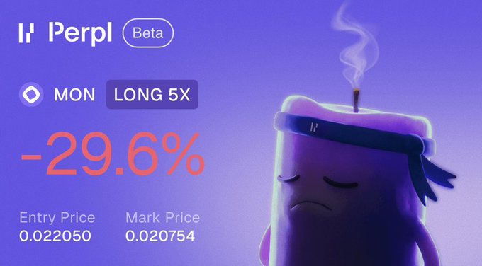 Trading interface for Perpl (Beta) showing a MON LONG 5X position with a -29.6% loss, entry price 0.022050, and mark price 0.020754, illustrated with a sad purple candle character wearing a headband.