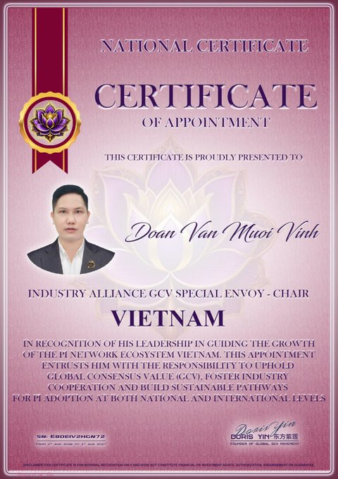 A 'Certificate of Appointment' presented to Doan Van Muoi Vinh as 'Industry Alliance GCV Special Envoy - Chair' for Vietnam, recognizing leadership in guiding the growth of the Pi Network ecosystem, signed by Doris Yin.