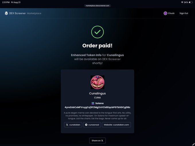 A DEX Screener Marketplace confirmation screen showing 'Order paid!' for 'Enhanced Token Info' on the Solana token 'Cunalingus' (CUNA), contract address 4yro2xbCxMFvyqCsjSFZMgZnVCb8EqbPOTb50CgOBc.