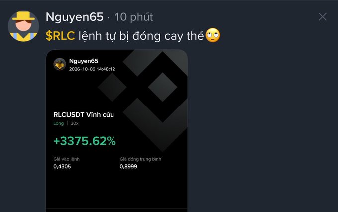 A social media post by 'Nguyen65' showing a cryptocurrency chart for $RLC USDT Perpetual with a gain of +3375.62%, captioned in Vietnamese about a long order being closed.