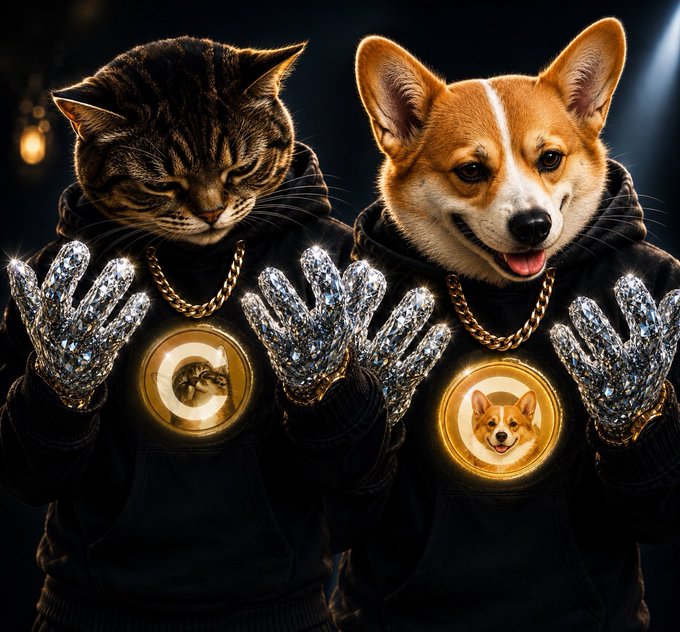 An AI-generated image of a cat and a Corgi dog wearing black hoodies and diamond-covered gloves, each displaying a golden cryptocurrency coin with their respective faces.