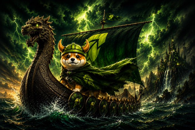A fantasy digital artwork depicting a Shiba Inu dog wearing a green Viking helmet and cape, leading a Viking longship through stormy green seas toward a castle, with a dragon prow at the front of the ship.