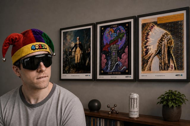 A man wearing a jester hat with "401K" on it and sunglasses is shown here with three framed artworks that feature the "401K" ticker, relating to the post's mention of "Our NFTs are lit af 🔥."