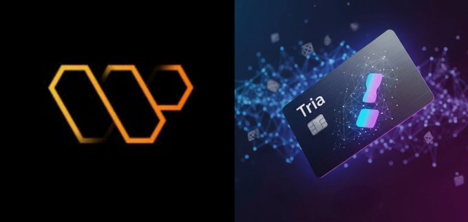 The image features two logos side by side against a black background. The logo for @useTria is positioned above a credit card, while the logo for @wallchain is located below the credit card. Both logos are related to cryptocurrency, with one focusing on making trading and managing transactions more convenient using a single platform, and the other emphasizing the rewards aspect of using a particular cryptocurrency.