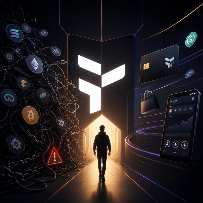 A solitary figure stands in a glowing corridor beneath a prominent "T" logo, surrounded by chains tangled with cryptocurrency symbols (Bitcoin, Ethereum, Solana) on one side and a sleek mobile app interface showing trading charts on the other. The image visualizes the post's message about Tria's user experience—the figure walking past the chains and complexity of crypto infrastructure toward a simplified, streamlined gateway, illustrating how the platform abstracts away the technical burdens of bridging, routing, and execution mentioned in the text.