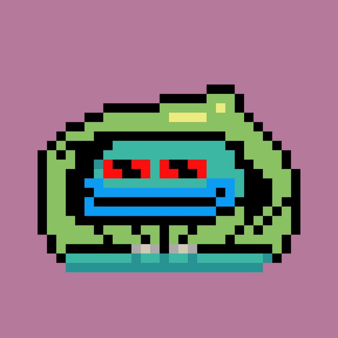 A pixel-art illustration of a green-hooded creature with red eyes and a blue scarf against a solid mauve background.