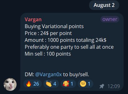 A Discord message dated August 2 from user @Vargan0x (with "owner" tag) announces the buying of Variational points at 24¢ each, with a minimum sell of 100 points and 1,000 points totaling $24, receiving 26 fire, 4 clapping, 1 pizza, and 1 smile reactions. The image visually supports the post's claim about Variational becoming a major airdrop opportunity in 2026, following Hyperliquid (2024) and Lighter (2025).