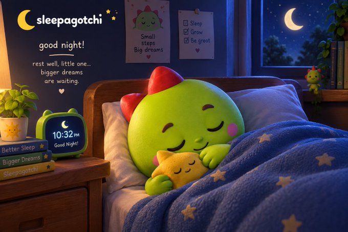 A "sleepagotchi" themed illustration featuring a cute green creature sleeping in bed with a smaller yellow plushie, alongside a nightstand with books labeled "Better Sleep", "Bigger Dreams", "Sleepagotchi" and a digital clock showing "10:32 PM Good Night!".