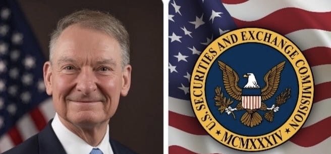 A split image showing a portrait of an older man in a suit with an American flag background on the left, and the official seal of the U.S. Securities and Exchange Commission (SEC) on the right.