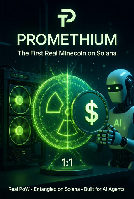 A promotional graphic for 'PROMETHIUM' titled 'The First Real Minecoin on Solana' featuring a glowing green radiation symbol, a dollar sign coin, and a robot labeled 'AI', with text 'Real PoW • Entangled on Solana • Built for AI Agents' and '1:1'.