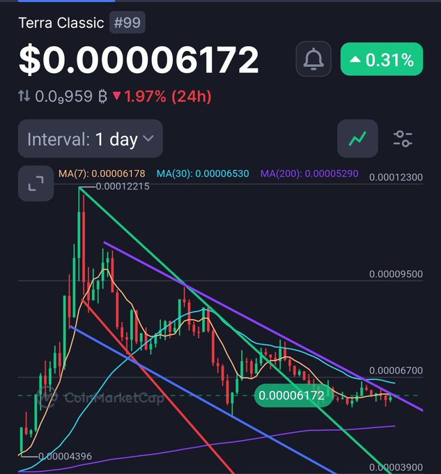 A CoinMarketCap chart for Terra Classic (#99) showing a price of $0.00006172 with a 0.31% increase, displaying various moving averages (MA7, MA30, MA200) and a descending wedge pattern.