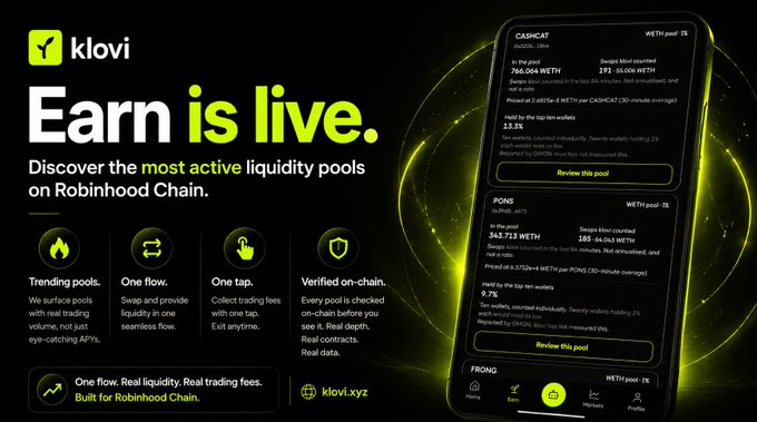 An advertisement for the "klovi" platform stating "Earn is live," promoting the discovery of active liquidity pools on Robinhood Chain, with details on trending and verified pools shown on a phone mockup.