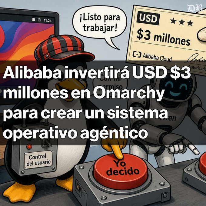 A cartoon illustration of a penguin in a plaid cap and a robot pressing a red 'Yo decido' button, with text reading 'Alibaba invertirá USD $3 millones en Omarchy para crear un sistema operativo agéntico' and a check showing 'USD $3 millones' to 'Alibaba Cloud'.