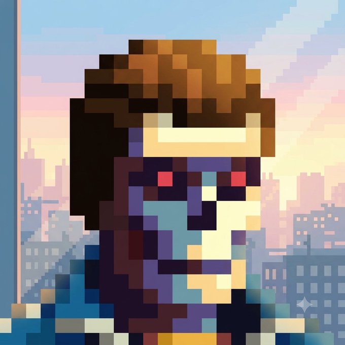 A pixel art portrait of a hooded figure with glowing red eyes standing before a pastel cityscape at sunset.