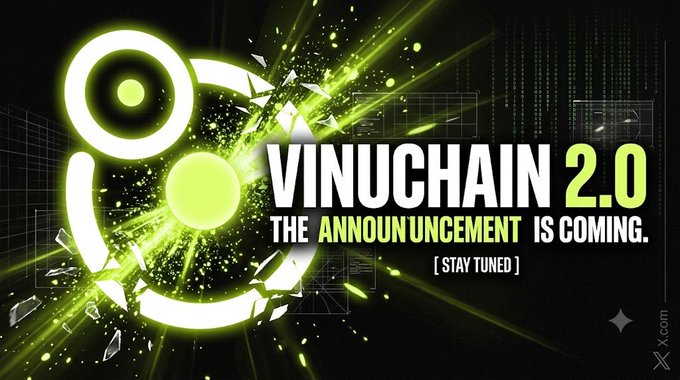 The image is a promotional graphic announcing "VINUCHAIN 2.0," featuring glowing green text that reads "THE ANNOUNCEMENT IS COMING. [STAY TUNED]" against a dark, tech-inspired background with light streaks and digital effects—aligning with the post's teasing message of an upcoming reveal for the VinuChain project and its $VC token.