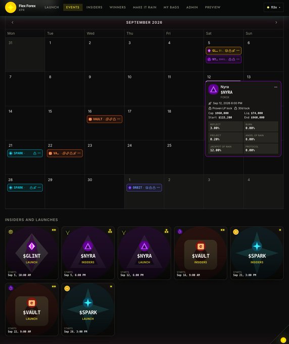 A screenshot of the Flex Forex interface displays a September 2026 calendar of token launches and insider events, with the $NYRA token details highlighted showing a market cap of $960,000 and a 3.00% gain.