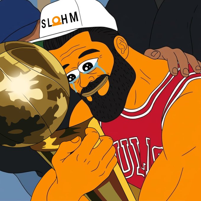 A cartoon illustration of a bearded, crying man in a red 'BULLS' jersey embracing a large gold trophy, wearing a white 'SLOHM' cap.