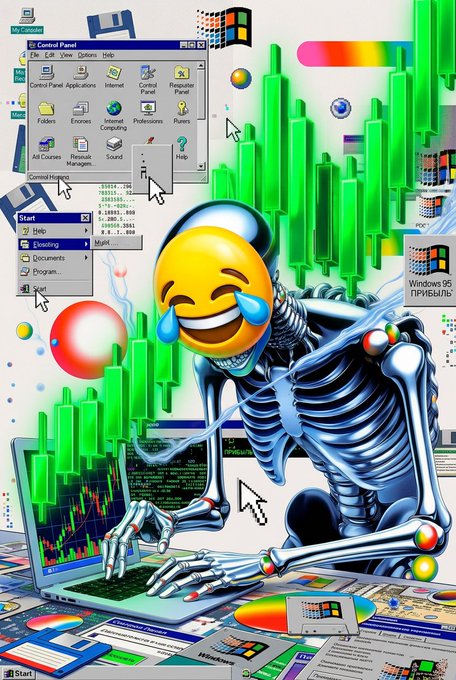 A retro-style digital illustration featuring a metallic skeleton figure with a laughing-crying emoji head using an old laptop, surrounded by Windows 95 interface elements and green 3D charts.