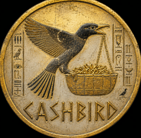 Detailed gold coin or medallion featuring a black bird carrying a basket filled with gold, surrounded by Egyptian-style hieroglyphics and the text '<ASHBIRD>' along the bottom.