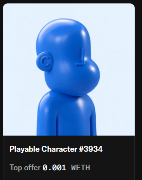 A 3D-rendered blue plastic character figurine labeled 'Playable Character #3934' with a 'Top offer 0.001 WETH'.