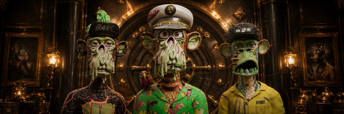 Three stylized zombie-like monkey characters stand together in an ornate, dimly lit room; the central figure wears a green shirt and sailor cap with a gold emblem, while the others wear a black shirt with a 'BAYC' cap and a yellow 'BAYC' jacket respectively.