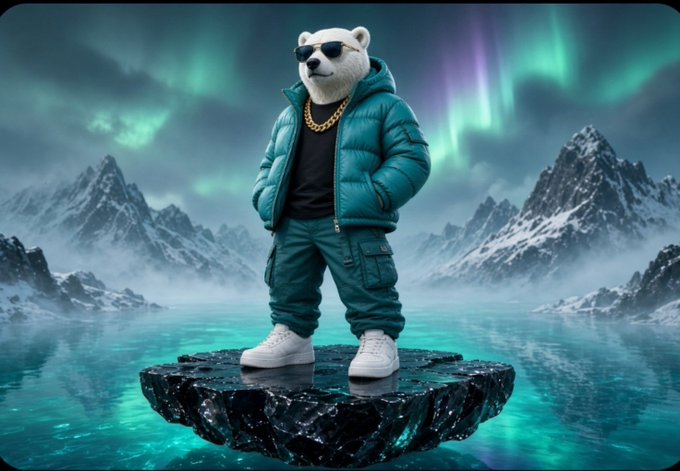 A polar bear wearing sunglasses, a teal puffer jacket, green cargo pants, white sneakers, and a gold chain stands on a dark floating platform against an arctic landscape with aurora borealis.