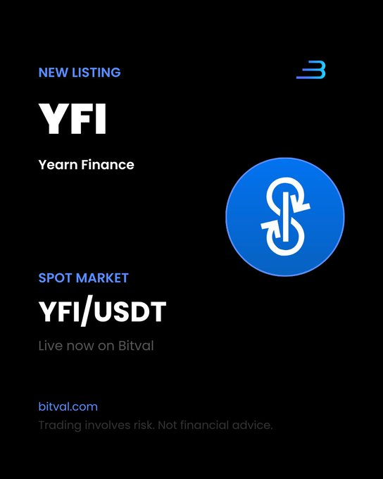A Bitval exchange listing announcement for 'YFI' (Yearn Finance) on the YFI/USDT spot market, including a standard risk disclaimer and the bitval.com URL.