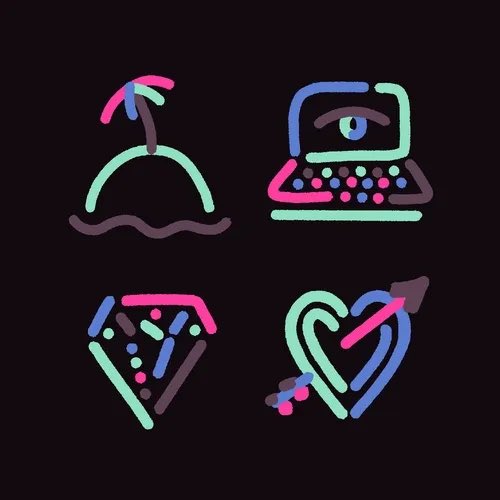 Four neon-style line art icons on a dark background depicting a beach scene, a laptop with a watching eye, a diamond, and a heart pierced by an arrow.