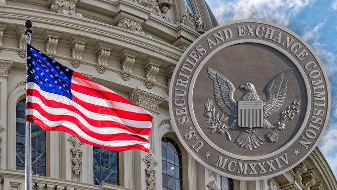 The American flag waves in front of an ornate government building, with the seal of the U.S. Securities and Exchange Commission (dated MCMXXXIV) superimposed on the right.