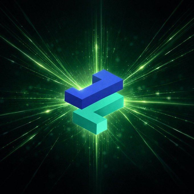 A digital graphic features a blue and cyan 3D symbol resembling an 'S' or stylized snake, radiating bright green light beams against a dark background.