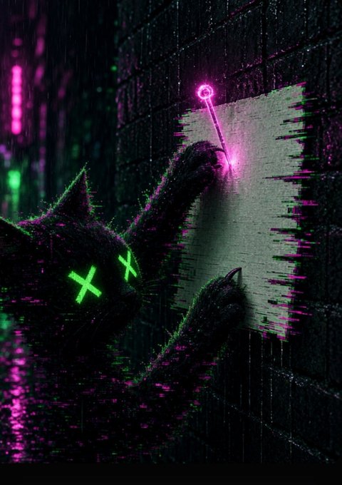 A dark, glitch-art style digital illustration of a black cat with glowing green X-shaped eyes, using its paws to write or draw on a wet brick wall with a glowing pink pin/stick.