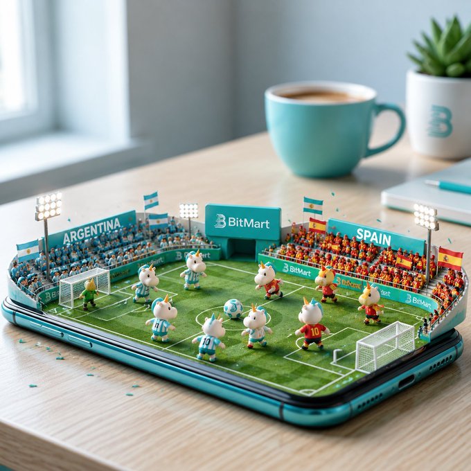 A smartphone on a desk displays a 3D animated soccer match featuring "ARGENTINA" vs "SPAIN" with cartoon mascots playing on a miniature stadium field, alongside a coffee cup and a BitMart-branded mug. The "BitMart" branding on the virtual stadium matches the post promoting BitMart's Prediction Market platform, where users can place predictions on events like this soccer matchup.