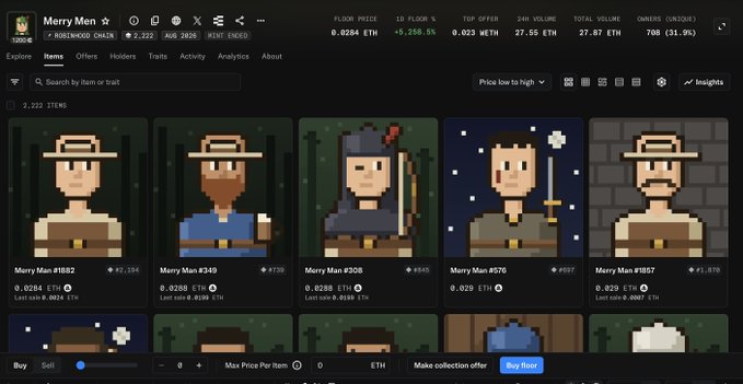 Another screenshot of the 'Merry Men' NFT marketplace on the Robinhood Chain, showing a different set of five pixel-art character collectibles with updated floor price information.