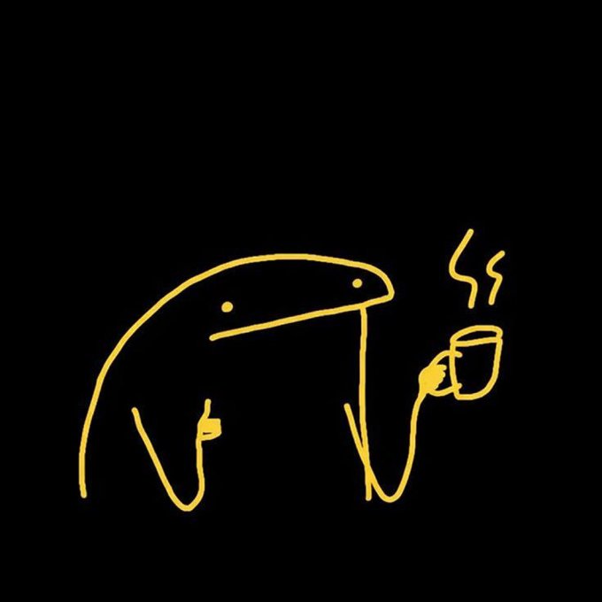 A minimalist yellow line drawing on a black background depicting a creature with two long arms, one giving a thumbs up and the other holding a steaming cup.