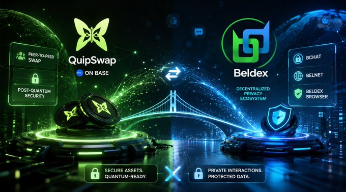 Futuristic promotional graphic showing the integration between 'QuipSwap on Base' and 'Beldex', highlighting features like peer-to-peer swap, post-quantum security, BCHAT, BELNET, and decentralized privacy ecosystem.