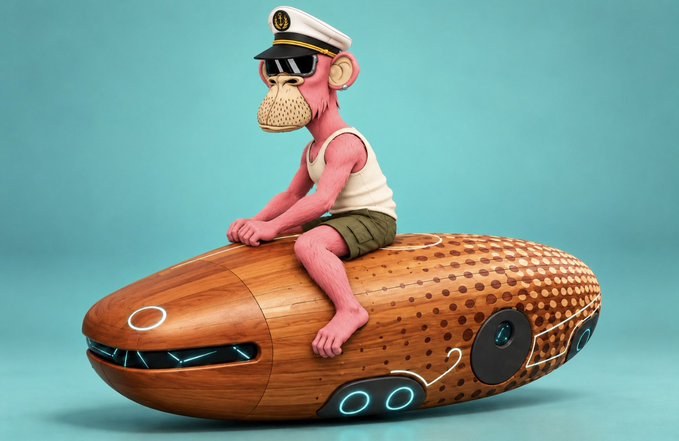 A pink monkey figurine wearing a sailor hat, sunglasses, and a tank top, riding a wooden futuristic vehicle with blue glowing accents against a teal background.